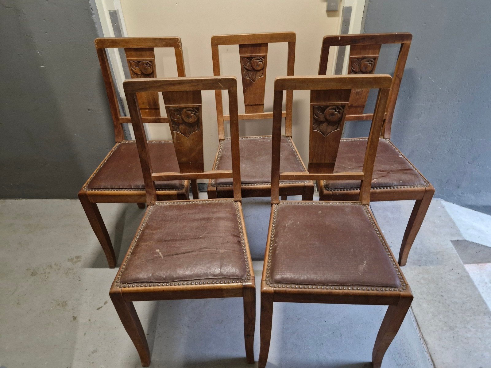 Art Deco eetkamerstoelen, 5 stuks, Ophalen, Gebruikt, Bruin, Hout