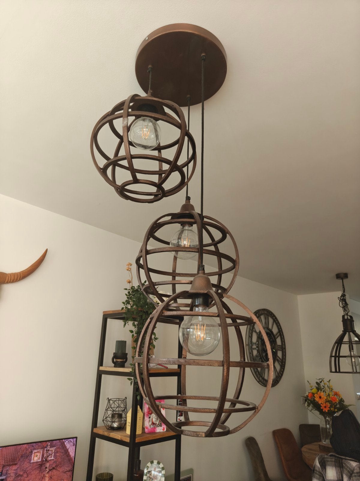 Industriële hanglamp met bronzen bollen, lengte verstelbaar, Ophalen of Verzenden