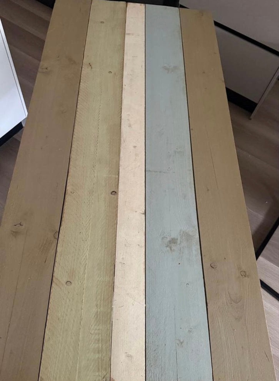 Leuke zelfgemaakte eettafel van steigerhout, Ophalen, Gebruikt, 50 tot 100 cm, Vijf personen of meer