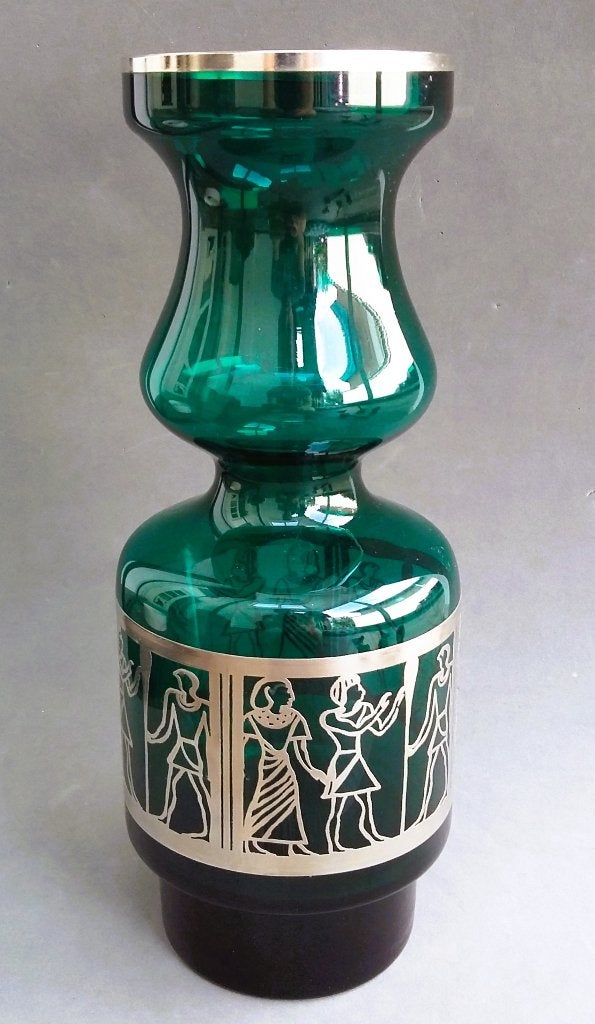 Omstreeks 1960-1970 Groen Glas Siervaas Vaas Egyptisch Decor, Antiek en Kunst, Antiek | Glas en Kristal, Ophalen of Verzenden