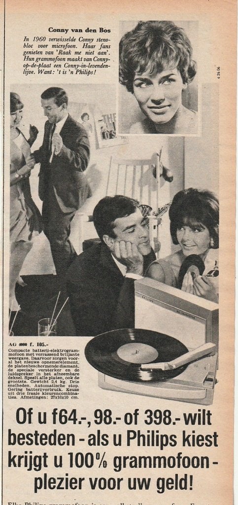 Retro reclame 1964 Philips platenspeler Conny van den Bosch, Verzamelen, Verzenden, Overige typen