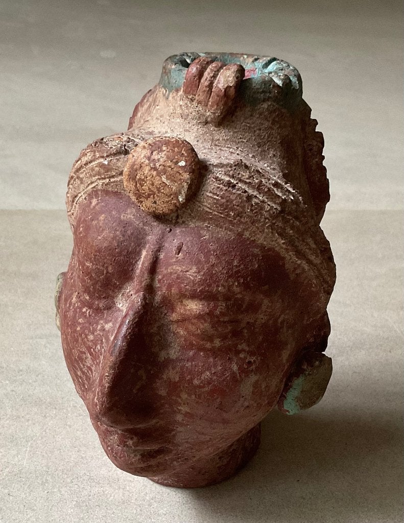 Vintage hoofd van terracotta geïnspireerd door Maya kunst, Steen/keramiek, Verzenden, Geschilderd, Beeld