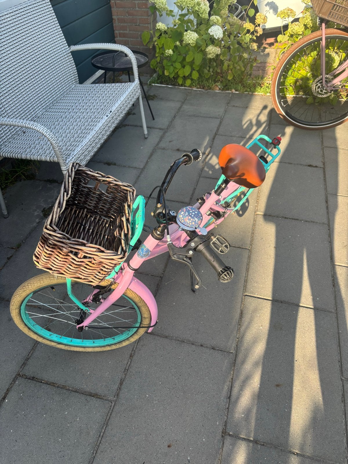 Roze kinderfiets 20 inch met mandje, Ophalen, Gebruikt, Velgrem, Handrem
