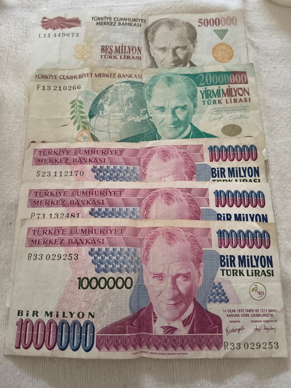 Turkse Lira Bankbiljetten - 5, 20 en 1 Miljoen Lira, Ophalen of Verzenden, Overige landen, Setje