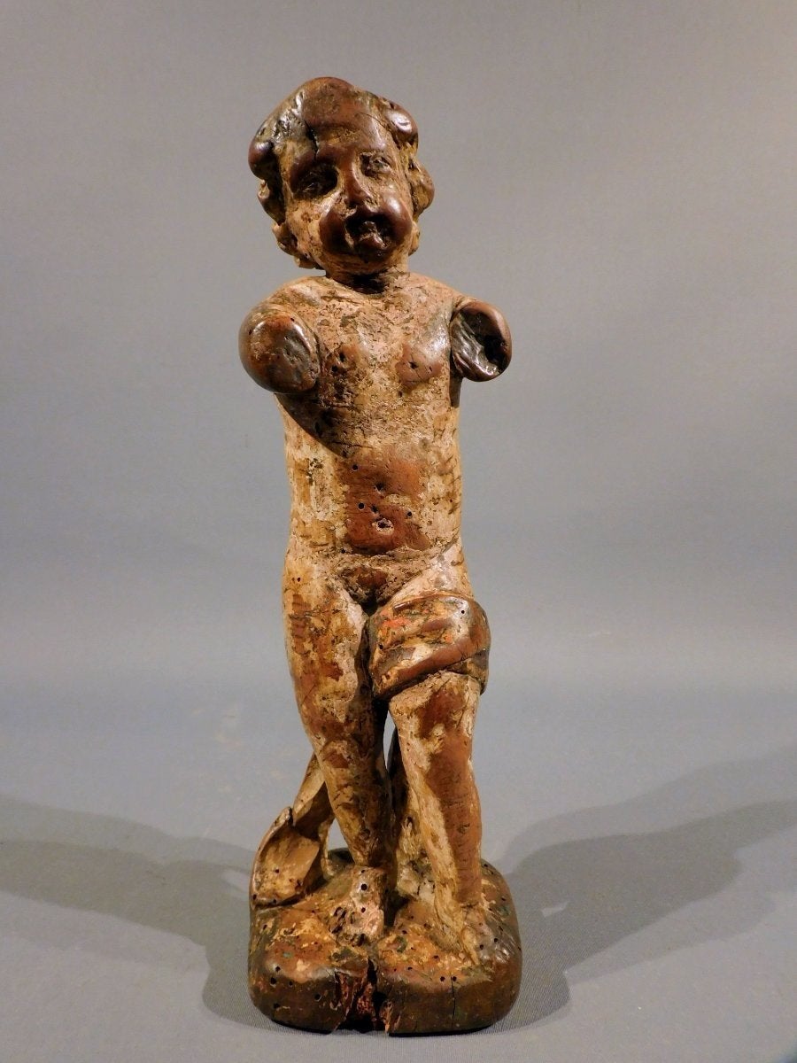 Antiek houten putto 17e eeuw houtsnijwerk, Antiek en Kunst, Verzenden, 20 - 50 cm, Beeld, Hout