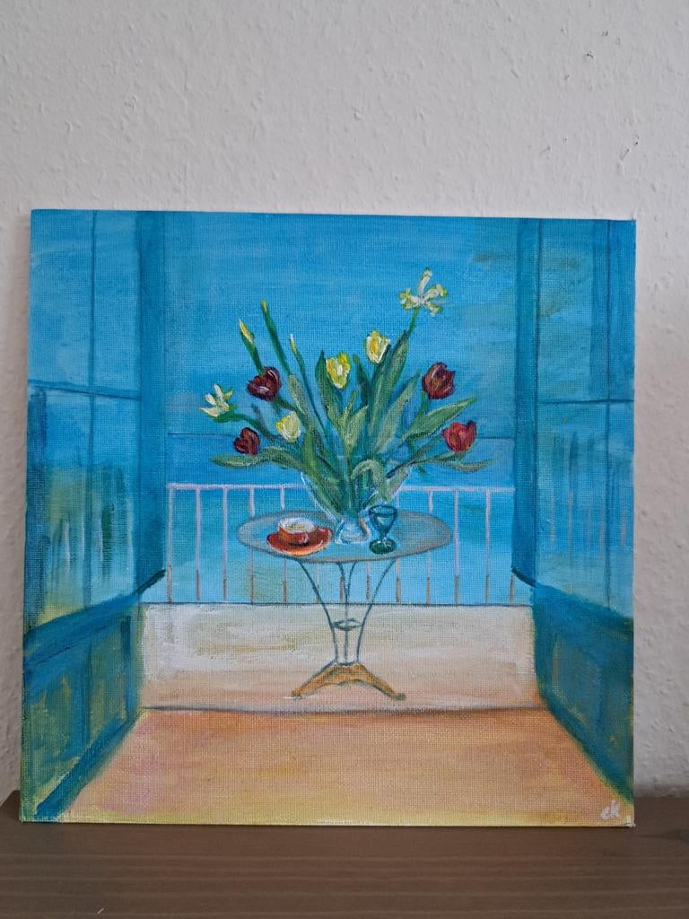 Schilderij bloemen op balkon, Antiek en Kunst, Kunst | Schilderijen | Modern, Ophalen of Verzenden