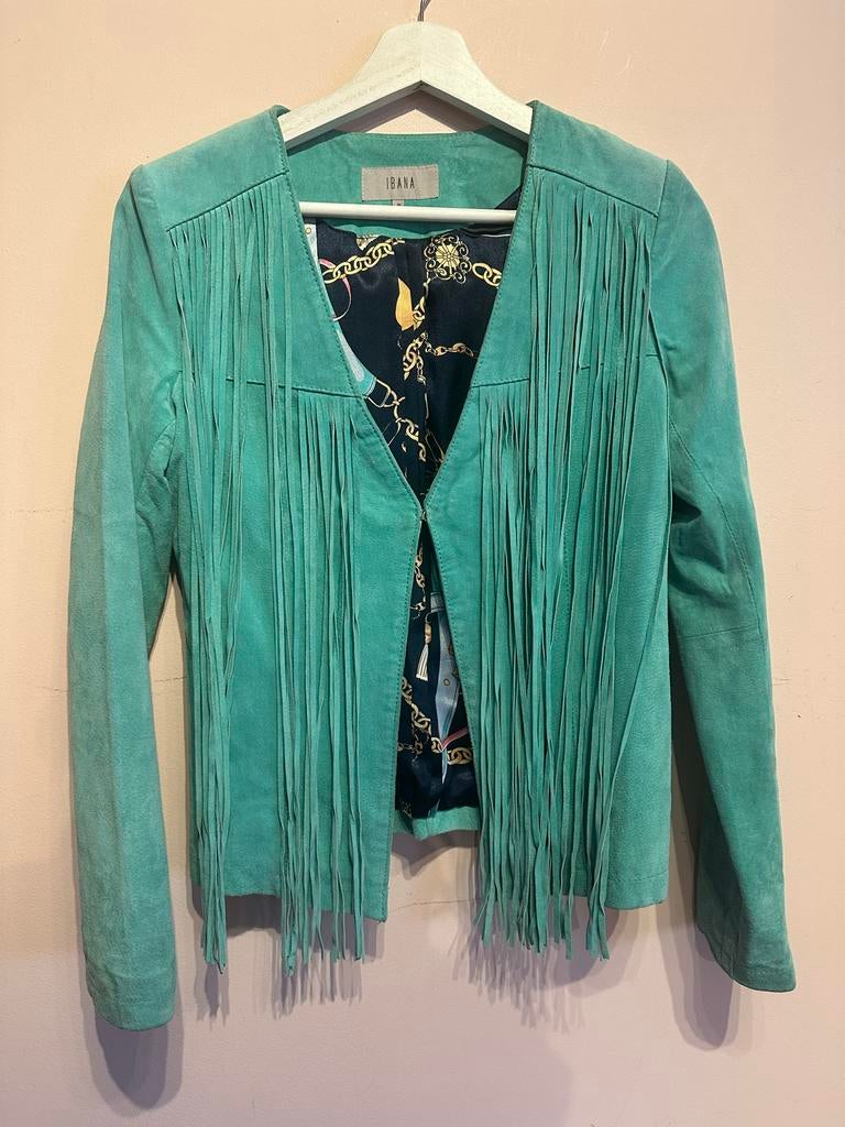 Ibana Leren Jasje Turquoise met Franjes - Maat 36, Verzenden, Gedragen, Maat 36 (S), Blauw