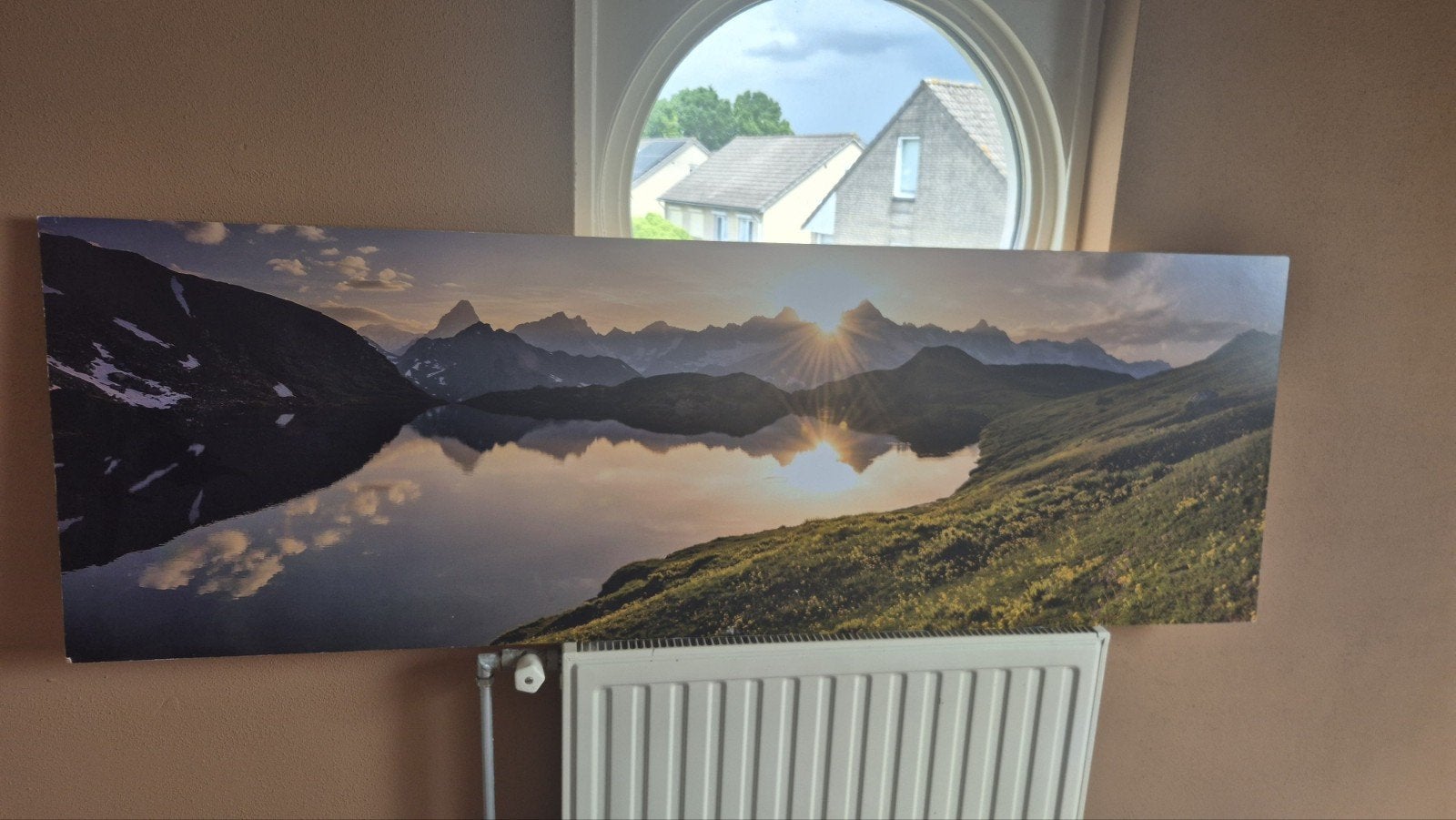 Panoramische Print: Bergen, Meer en Zonsopgang, Ophalen of Verzenden, Gebruikt, 125 cm of meer, Print