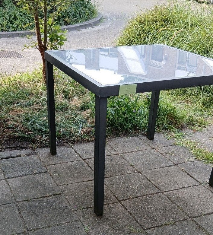 Tk,; nette tuintafel met melkglazen plaat 90X90, Ophalen, Gebruikt, Vierkant, Aluminium
