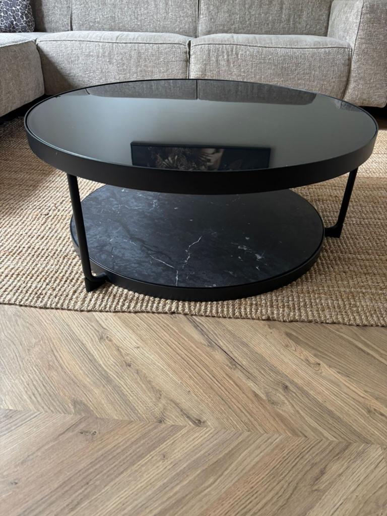 Ronde salontafel met glazen en marmeren blad, Ø88 H36cm, Huis en Inrichting, Tafels | Salontafels, Ophalen, Gebruikt, 50 tot 100 cm