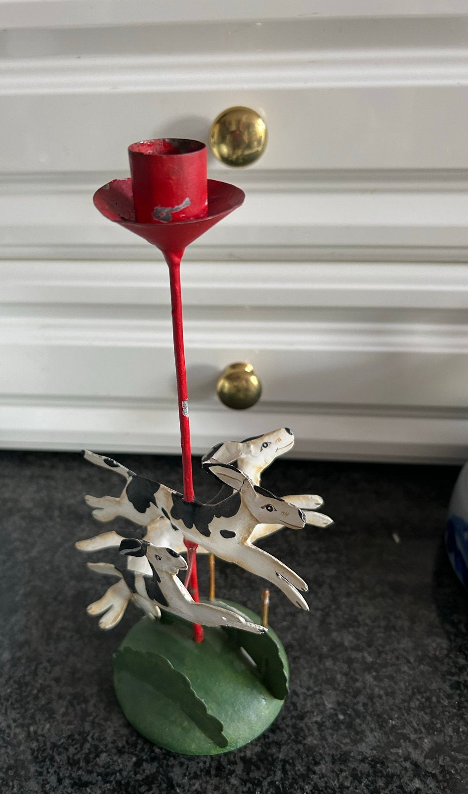 Vintage metalen kandelaar met jachthonden jacht  tafereel, Gebruikt, Meerkleurig, 26 cm, Overige merken