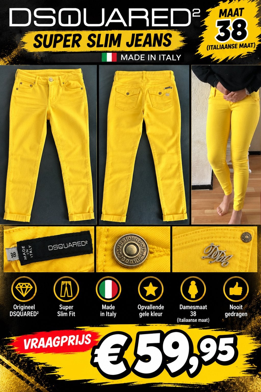 Dsquared2 Super Slim Jeans - Geel - Maat 38 (Italiaans), Kleding | Dames, Ophalen of Verzenden, Nieuw, Overige kleuren, W27 (confectie 34) of kleiner