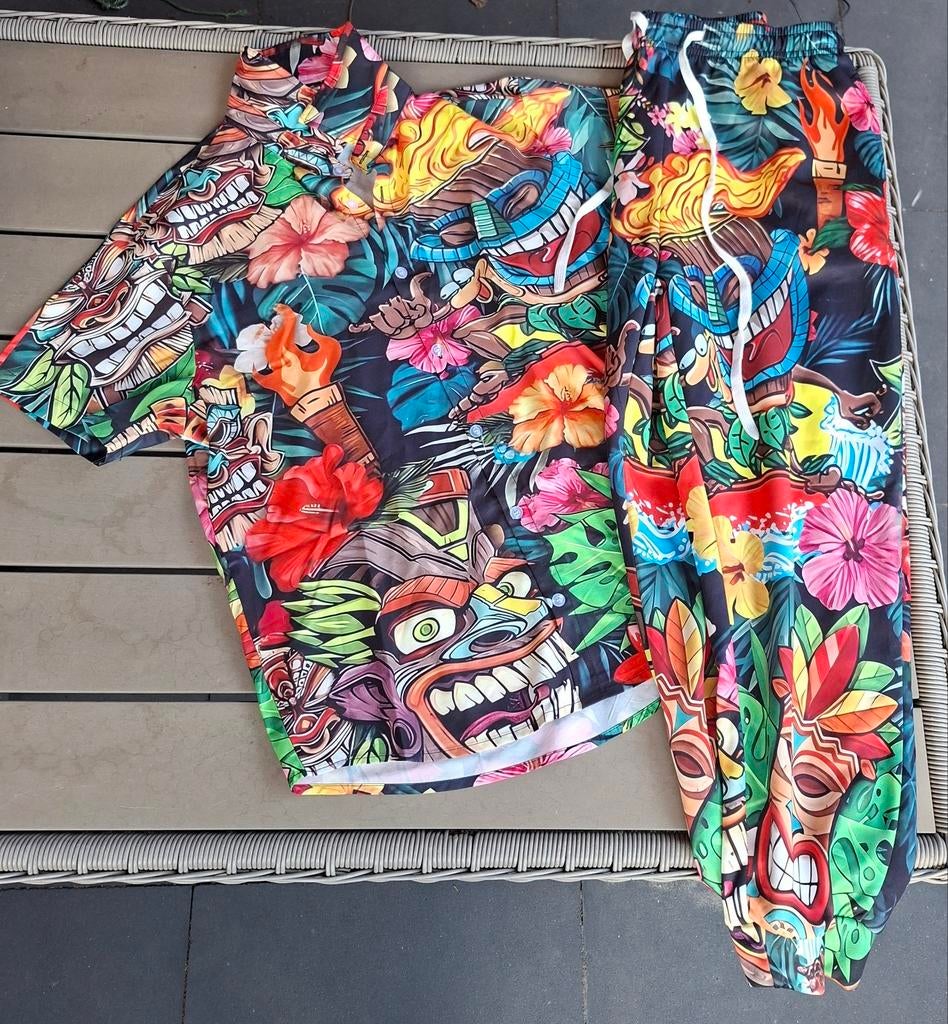 Polyester blouse (M) & broek (L) met tropische Hawaï print, Ophalen of Verzenden, Zo goed als nieuw