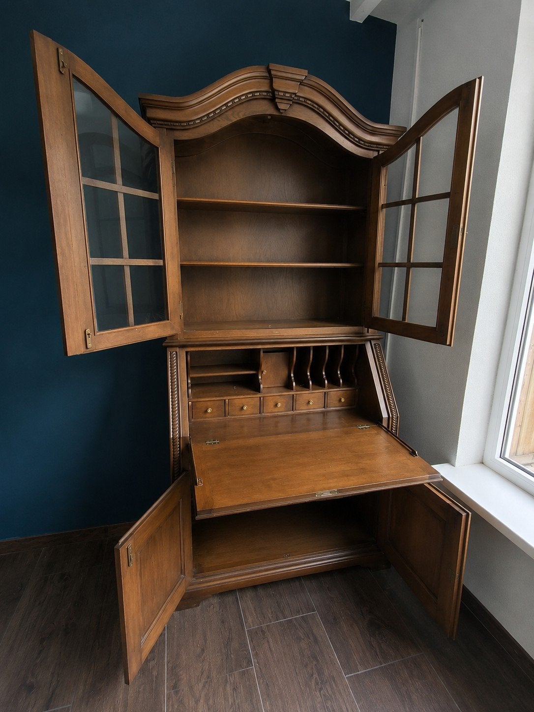 Antieke secretaire met vitrinekast - massief hout, Ophalen
