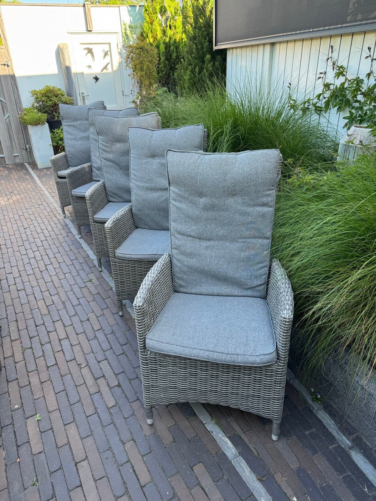 5 goed werkende kantel tuinstoelen mét kussens, Tuin en Terras, Ophalen of Verzenden, Gebruikt, Wicker, Verstelbaar