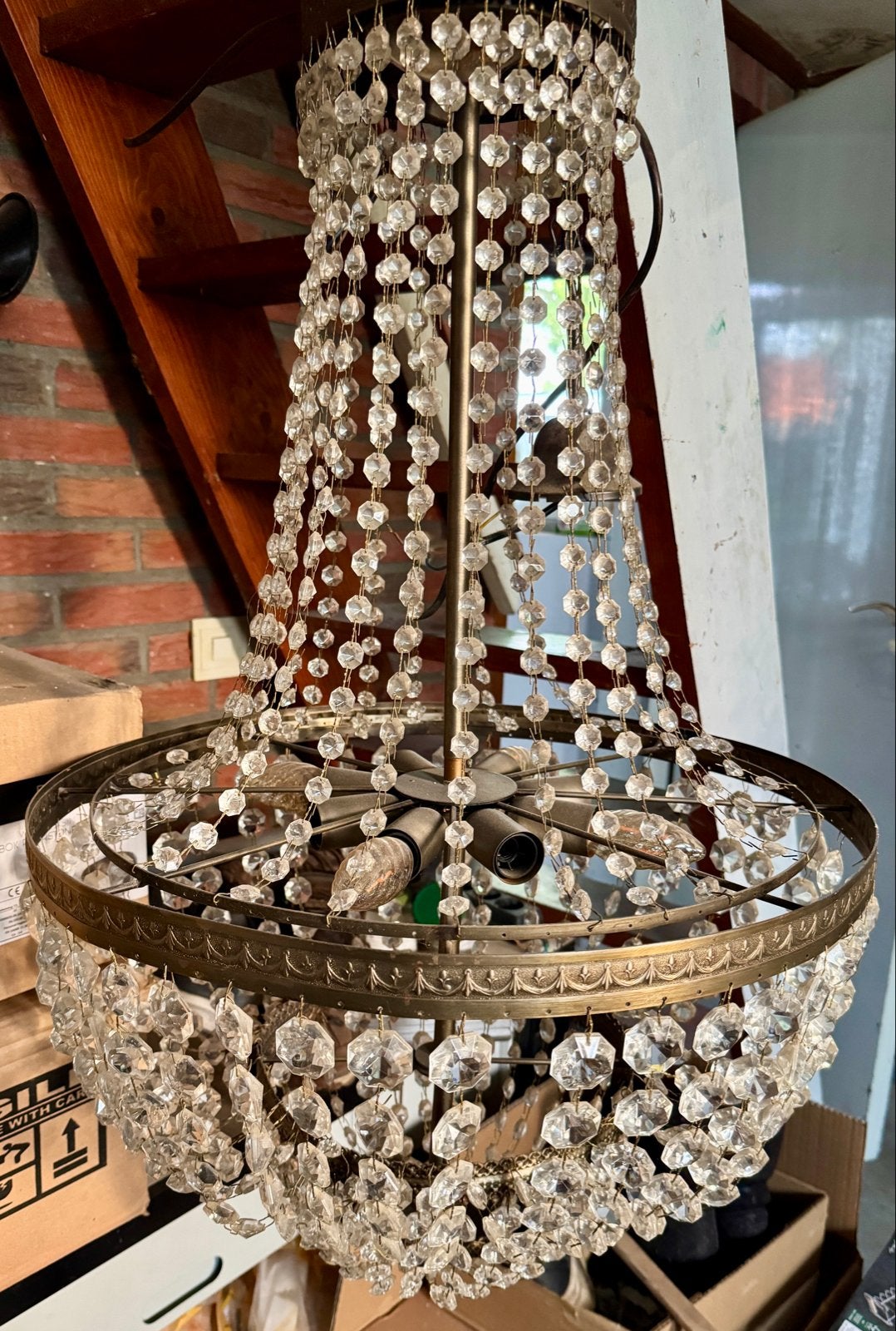 Antieke Kroonluchter met Kristallen - Klassieke Elegantie, Ophalen, Gebruikt, Glas, E14 (klein)