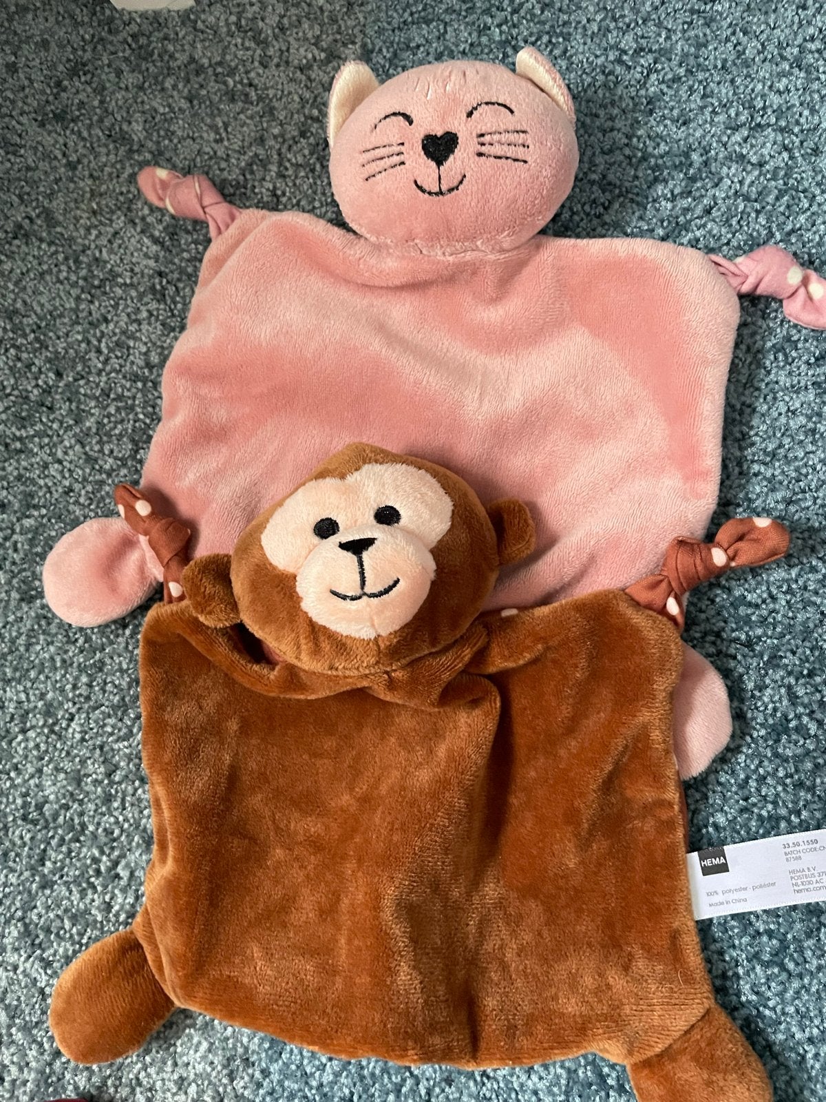 Hema Knuffeldoekjes Kat en Aap - Zo goed als nieuw, Verzenden, Zo goed als nieuw, Overige typen