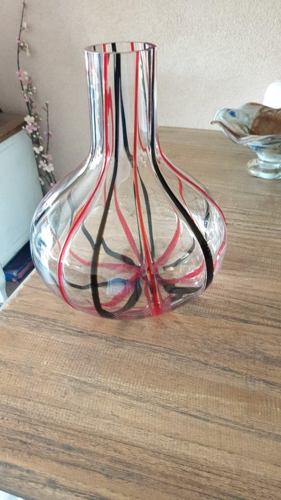 Vintage vaas met glasdraden, Ophalen of Verzenden, Transparant, 30 cm, Glas