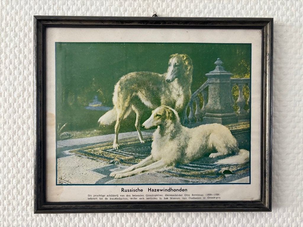 O Eerelman prent Russische hazewindhonden op terras in lijst, Gebruikt, Ophalen of Verzenden, Voor 1940, Dier