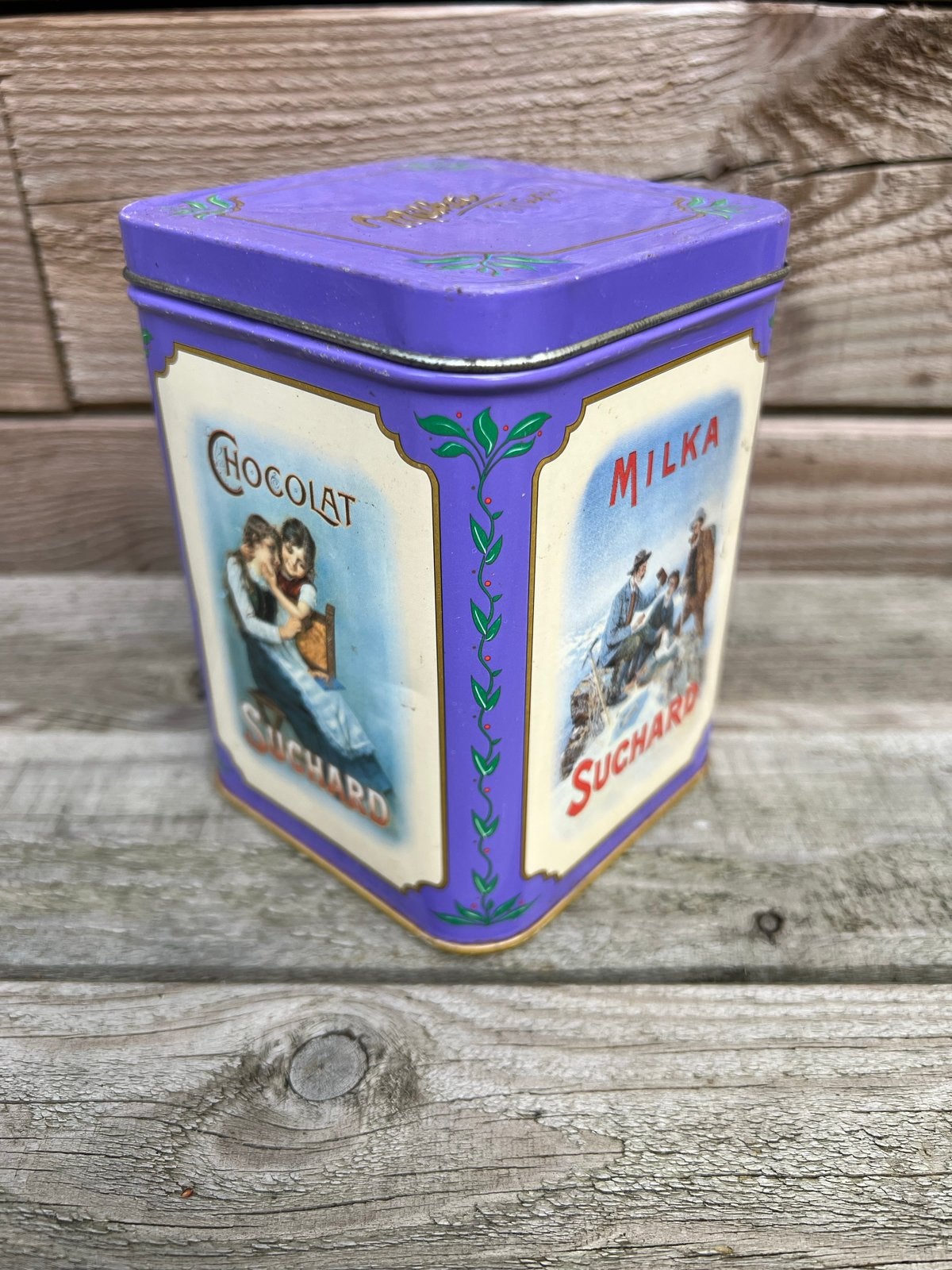 Vintage paars Milka Suchard Alpenmelk Chocolade Blik, Ophalen of Verzenden