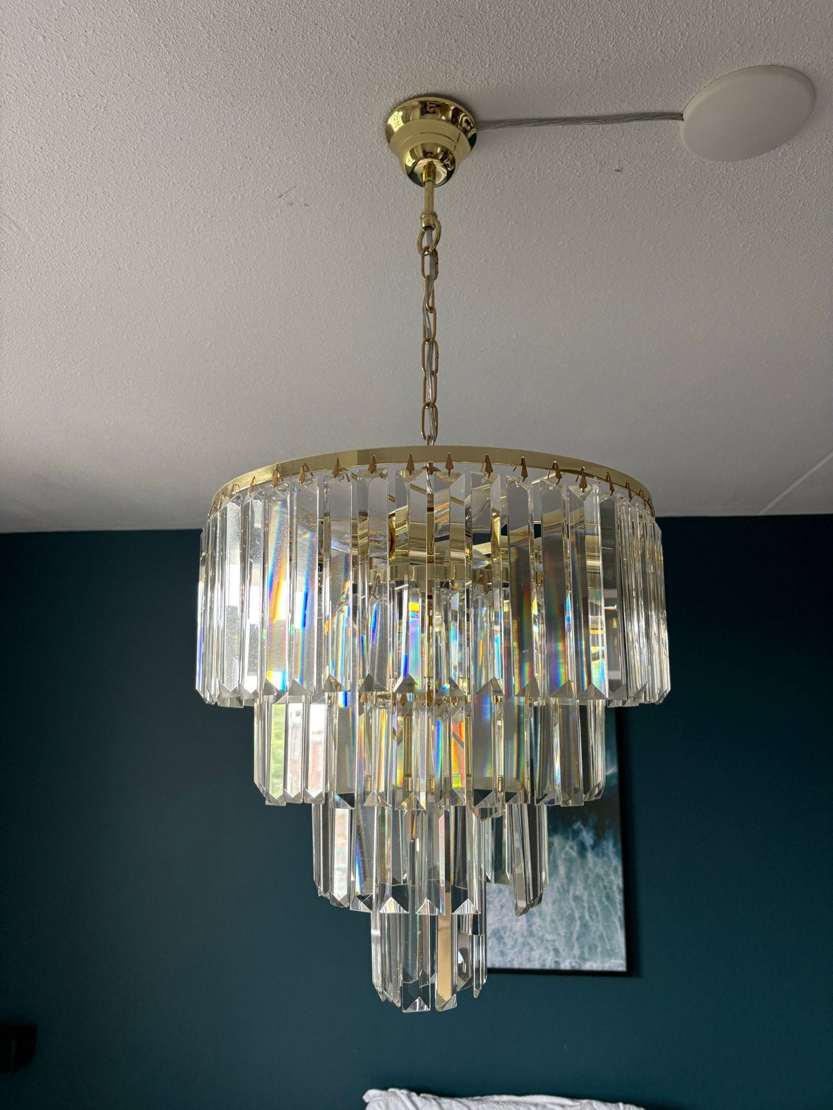 Gouden kroonluchter met kristallen pegels, Ophalen, Gebruikt, Glas, E14 (klein)