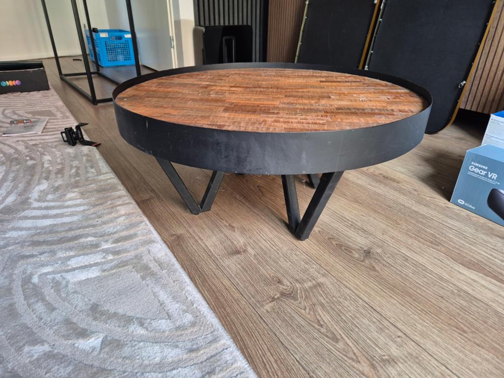 Salontafel rond hout en metaal, Huis en Inrichting, Tafels | Salontafels, 50 tot 100 cm, Rond, 50 tot 100 cm, Zo goed als nieuw