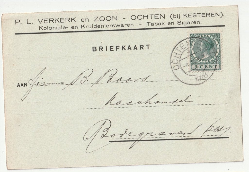 Briefkaart P.L. Verkerk en Zoon Ochten 1928 Tabak en Sigaren, Verzenden, Briefkaart
