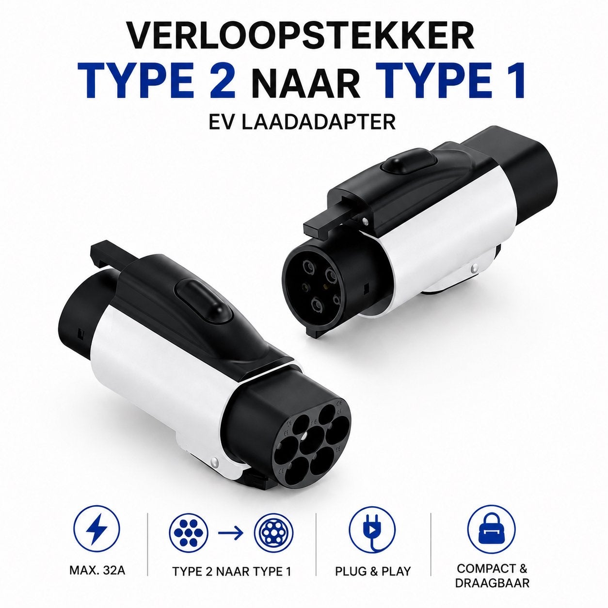 Verloopstekker Type 2 naar Type 1 - EV Laadadapter 32A, Ophalen of Verzenden, Nieuw, Universele onderdelen