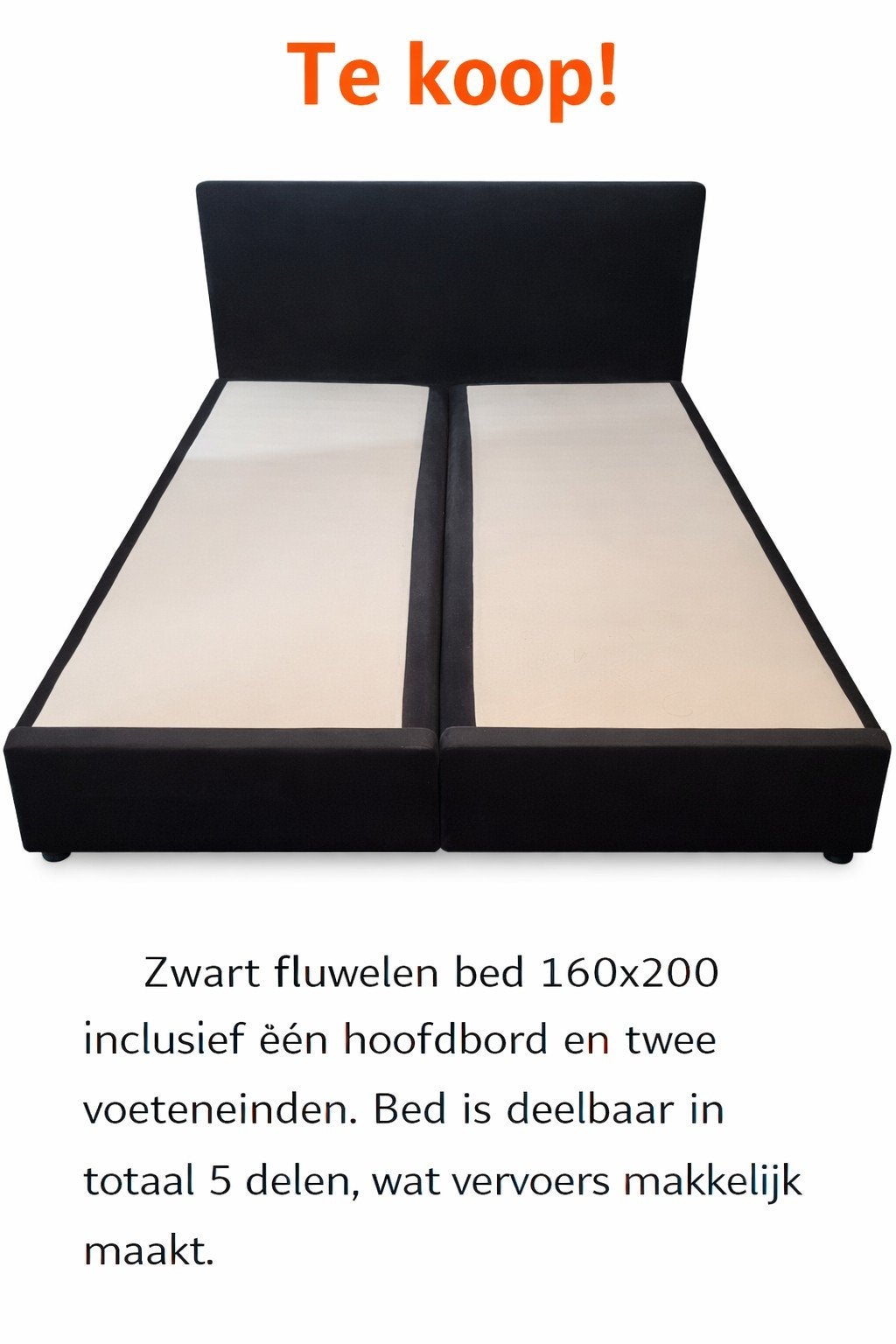 Zwart fluwelen bed 160x200 met hoofdbord en voeteneinden, Ophalen, Gebruikt, Zwart, Tweepersoons