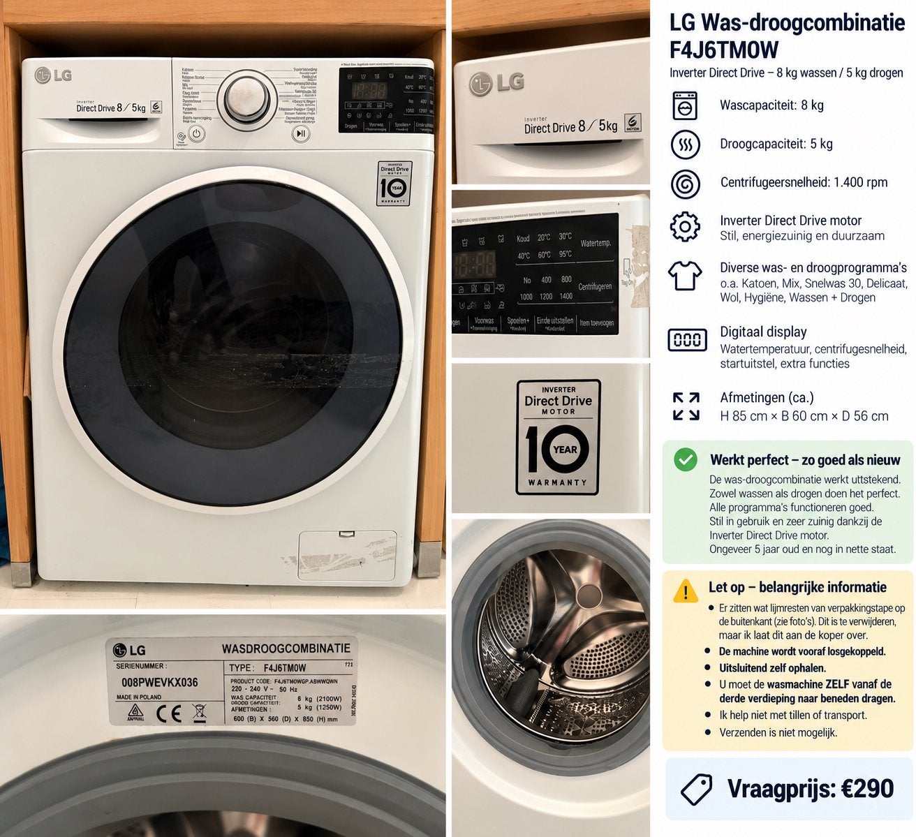 LG Was-droogcombinatie F4J6TM0W - 8kg/5kg, 8 tot 10 kg, Ophalen, Zo goed als nieuw, 85 tot 90 cm