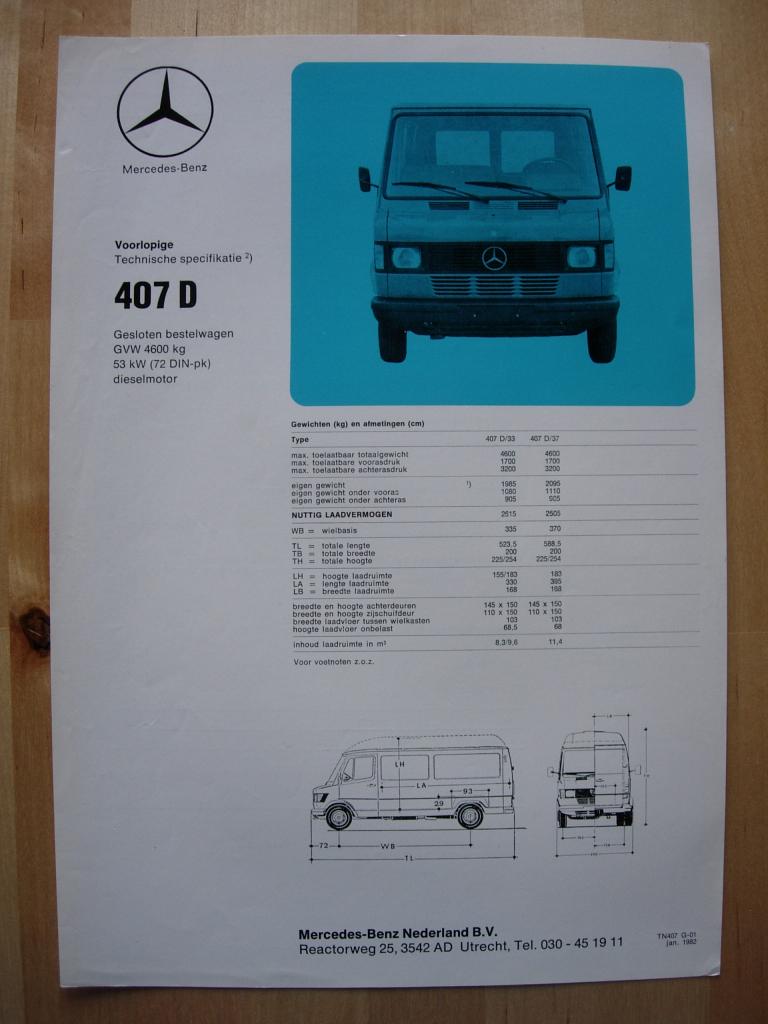 Mercedes 407 Specificatie folder 1982 BG - 407D, Zo goed als nieuw, Mercedes-Benz, Mercedes, Ophalen of Verzenden