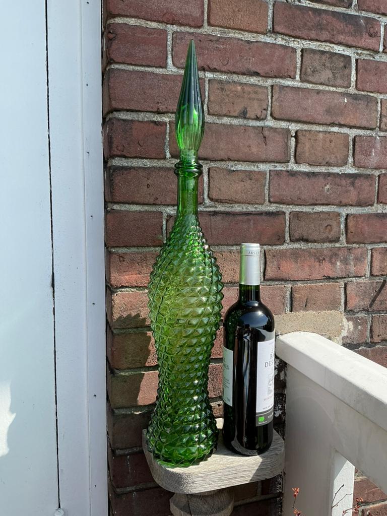 Mooie slanke, glazen Empoli fles / karaf met diamant patroon, Ophalen of Verzenden