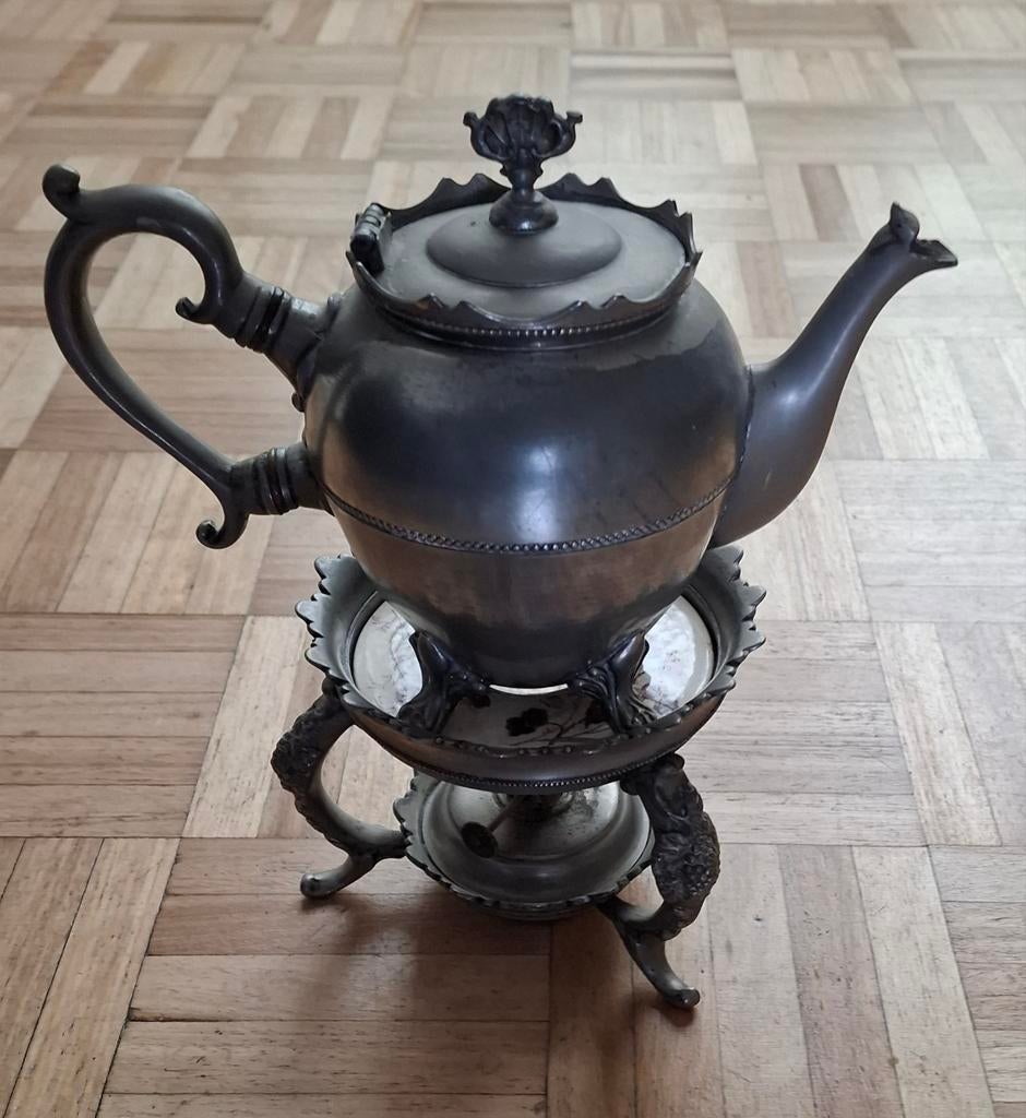 Tinnen theepot met brander, Antiek en Kunst, Antiek | Tin, Ophalen of Verzenden