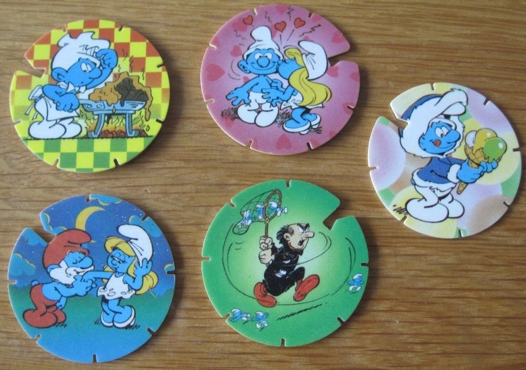 vijf verschillende Flippo's - Jam Caps - Smurfen, Ophalen of Verzenden, Losse flippo's