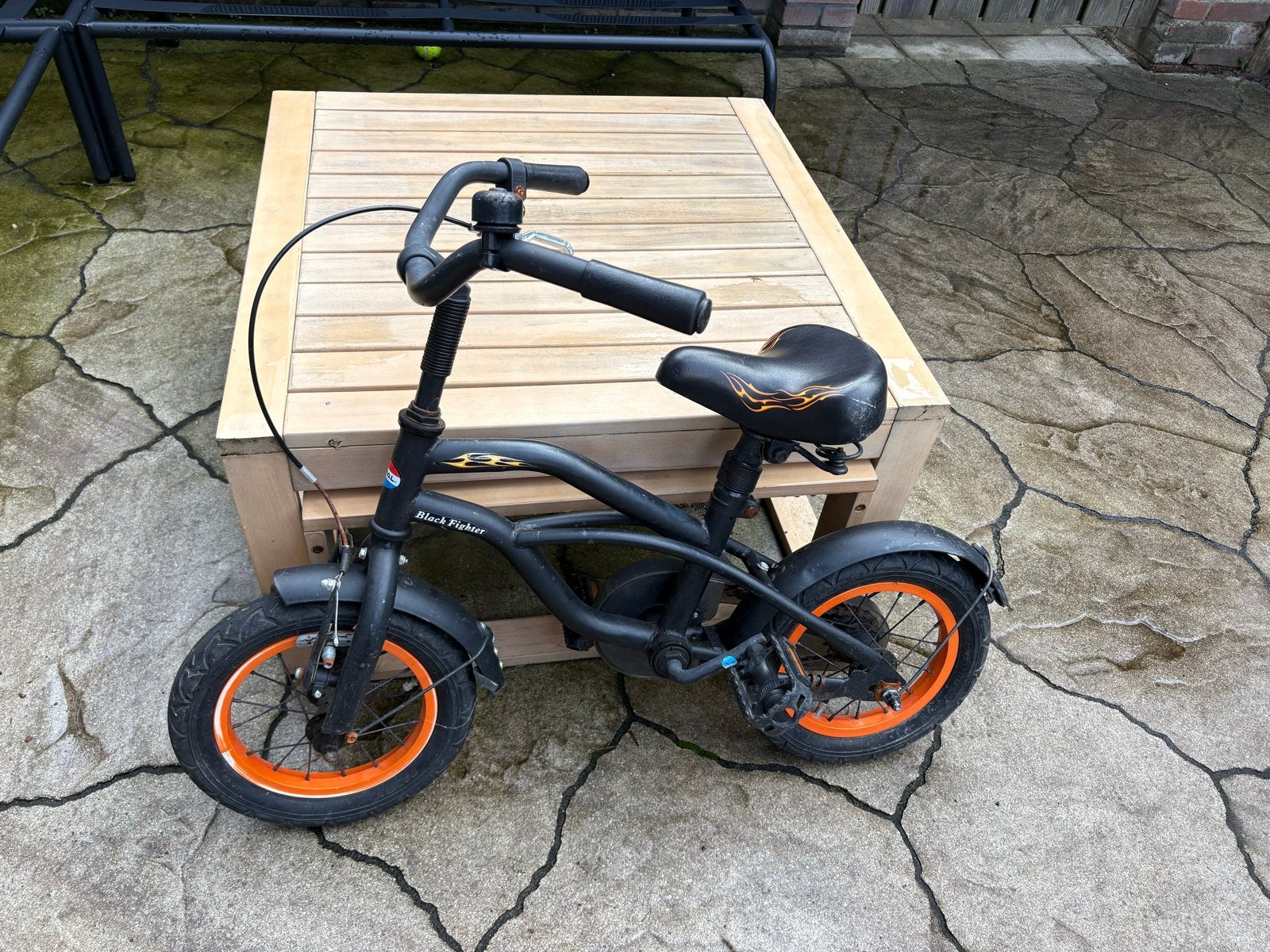 Popal Black Fighter kinderfiets - 12 inch - Zwart/Oranje, Fietsen en Brommers, Ophalen, Gebruikt, Terugtraprem, Minder dan 16 inch