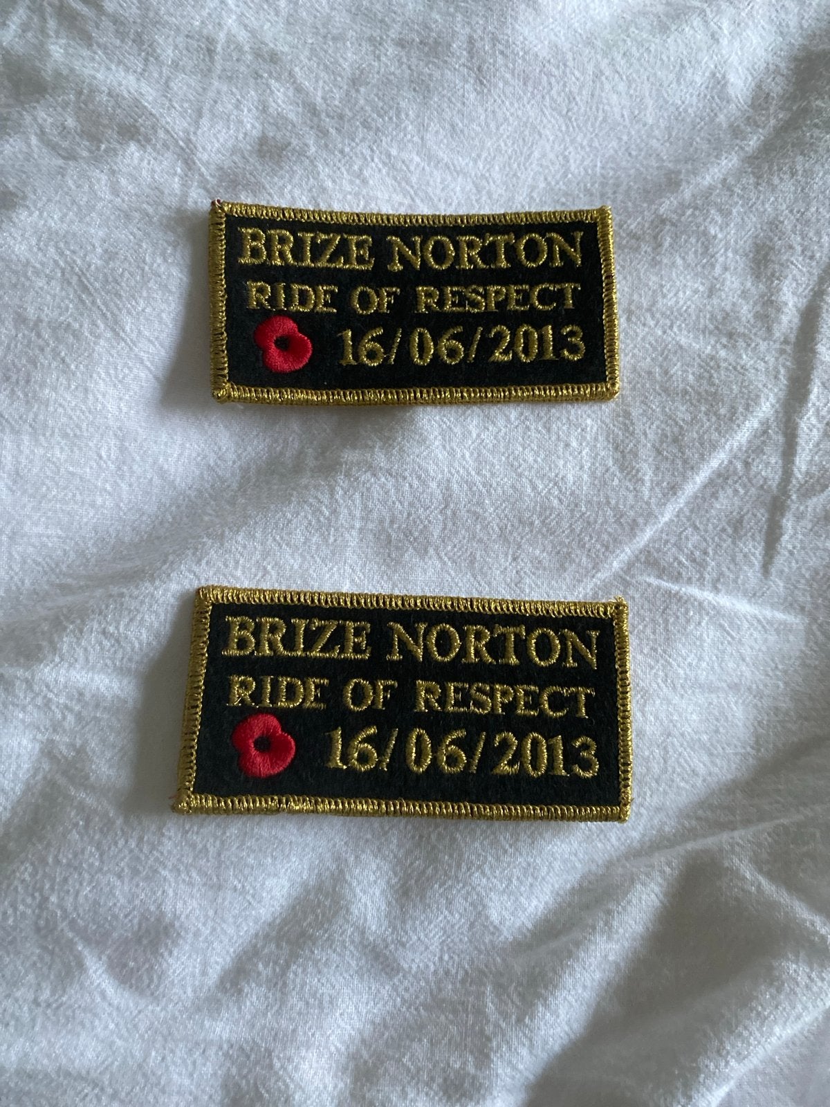 2x Emblemen Brize Norton Ride of Respect 16/06/2013, Ophalen, Nieuw, Overige typen