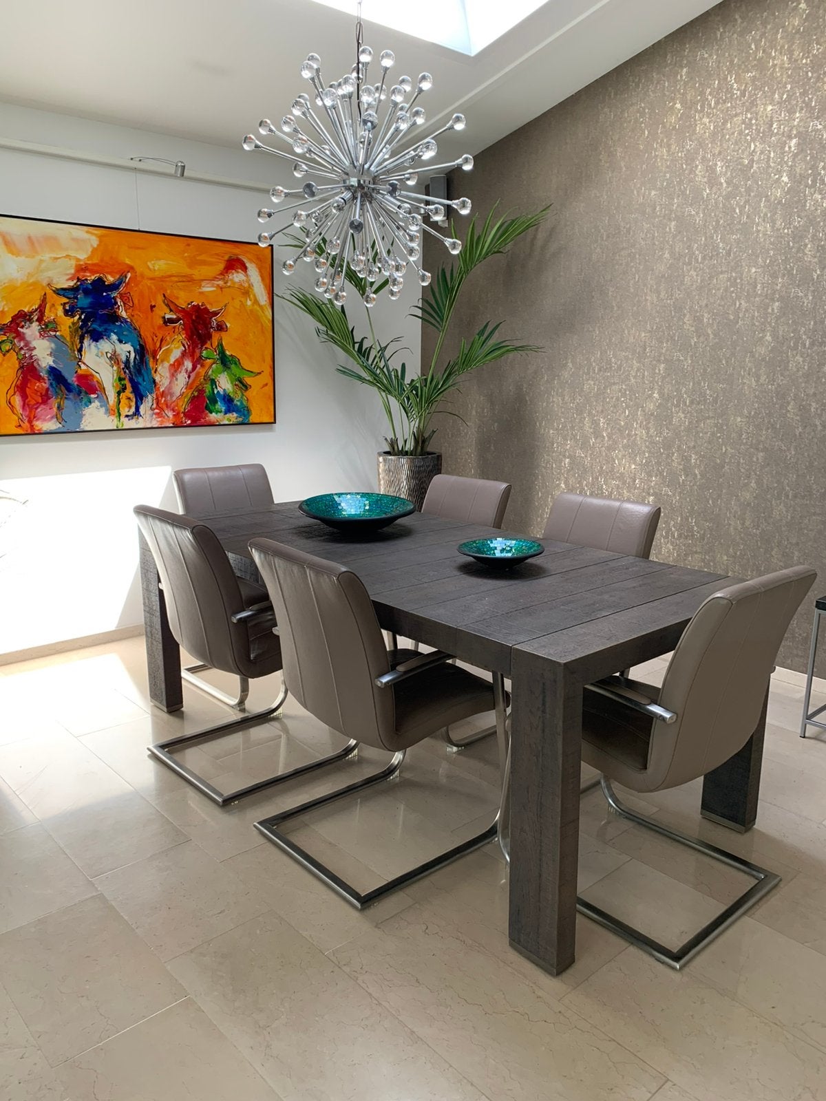 eiken eettafel met 6 comfortabele taupe lederen stoelen, Huis en Inrichting, Ophalen, Gebruikt, Eikenhout, 200 cm of meer