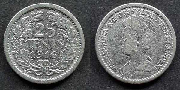 25 cent 1916 Wilhelmina zilver, Postzegels en Munten, Munten | Nederland, Verzenden, Koningin Wilhelmina, 25 cent, Zilver