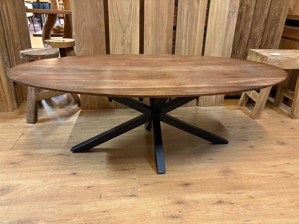 AFGEPRIJSD Ovale Salontafel/ Bijzettafel Mangohout + metaal, Huis en Inrichting, Nieuw, 75 cm of meer, Ovaal, Hout