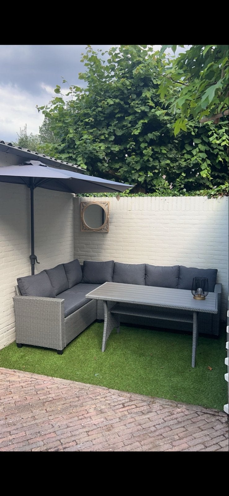 Tuinset met tafel en halve parasol, Ophalen, 4 zitplaatsen, Gebruikt, Eettafel