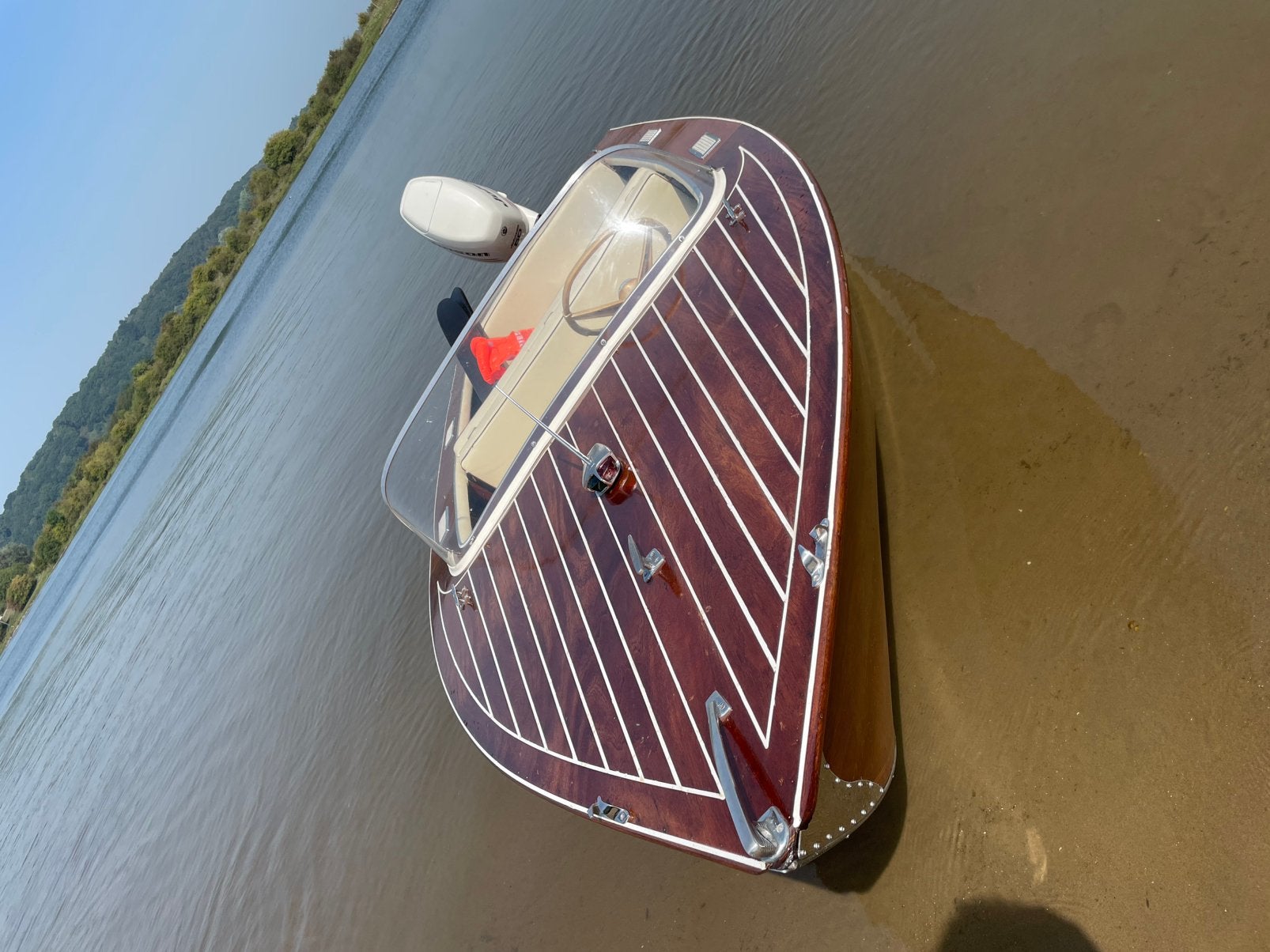 Houten/polyester Fletcher speedboot, unieke riva stijl, 50pk, Watersport en Boten, Overige merken, Ophalen of Verzenden, Zo goed als nieuw