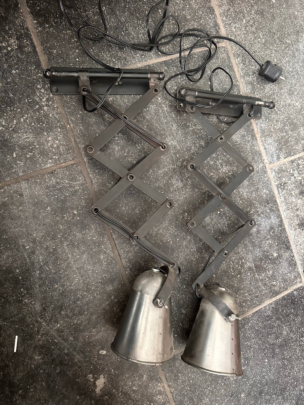 Paar vintage schaarlampen - 55 cm uitgetrokken, Ophalen, Gebruikt, Grijs, Verstelbaar