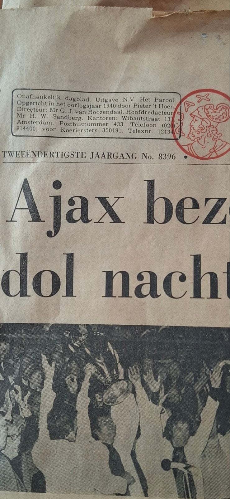 Het Parool - Ajax Europacup 1 overwinning 1972, Boeken, Tijdschriften en Kranten, Ophalen of Verzenden, Gelezen, Krant