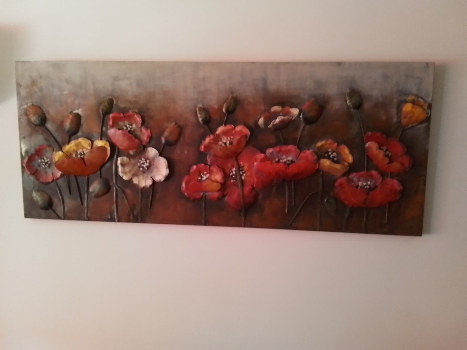 Mooi 3D metalen schilderij met bloemen, 150x60 cm, Ophalen, 125 cm of meer, Zo goed als nieuw, Schilderij