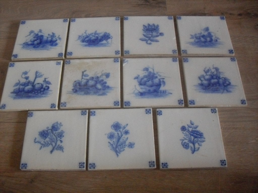 oude blauw wit tegels bloemen fruit 11 stuks, Antiek en Kunst, Ophalen of Verzenden