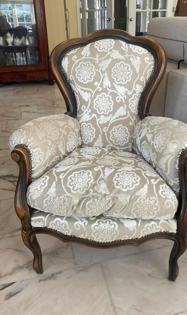 Luie fauteuil met bloemenpatroon antiek, Ophalen of Verzenden, Gebruikt, Hout, 75 tot 100 cm