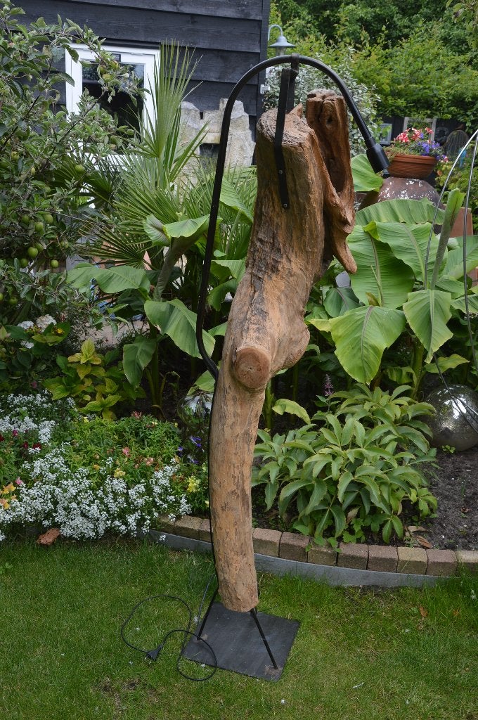 Prachtige Indonesische teakhouten vloerlamp/ boomstamlamp, Ophalen, Natuurlijk, E27 (groot), Zo goed als nieuw