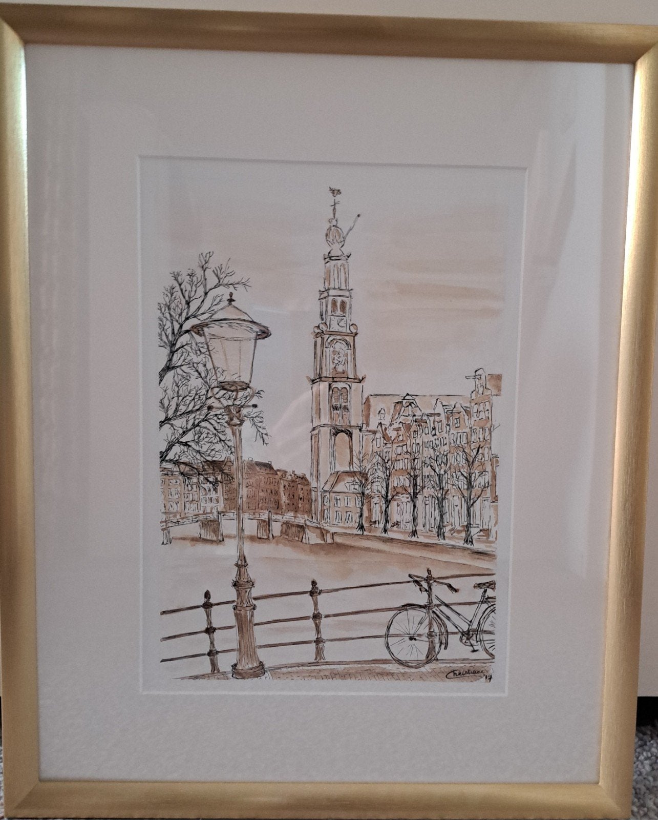 aquarel gezicht op  de Westertoren van Amsterdam, Ophalen