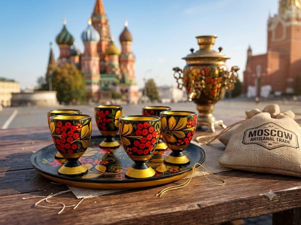 Traditionele Russische Khokhloma serveerset, Verzamelen, Glas en Borrelglaasjes, Ophalen of Verzenden, Zo goed als nieuw, Borrel- of Shotglas