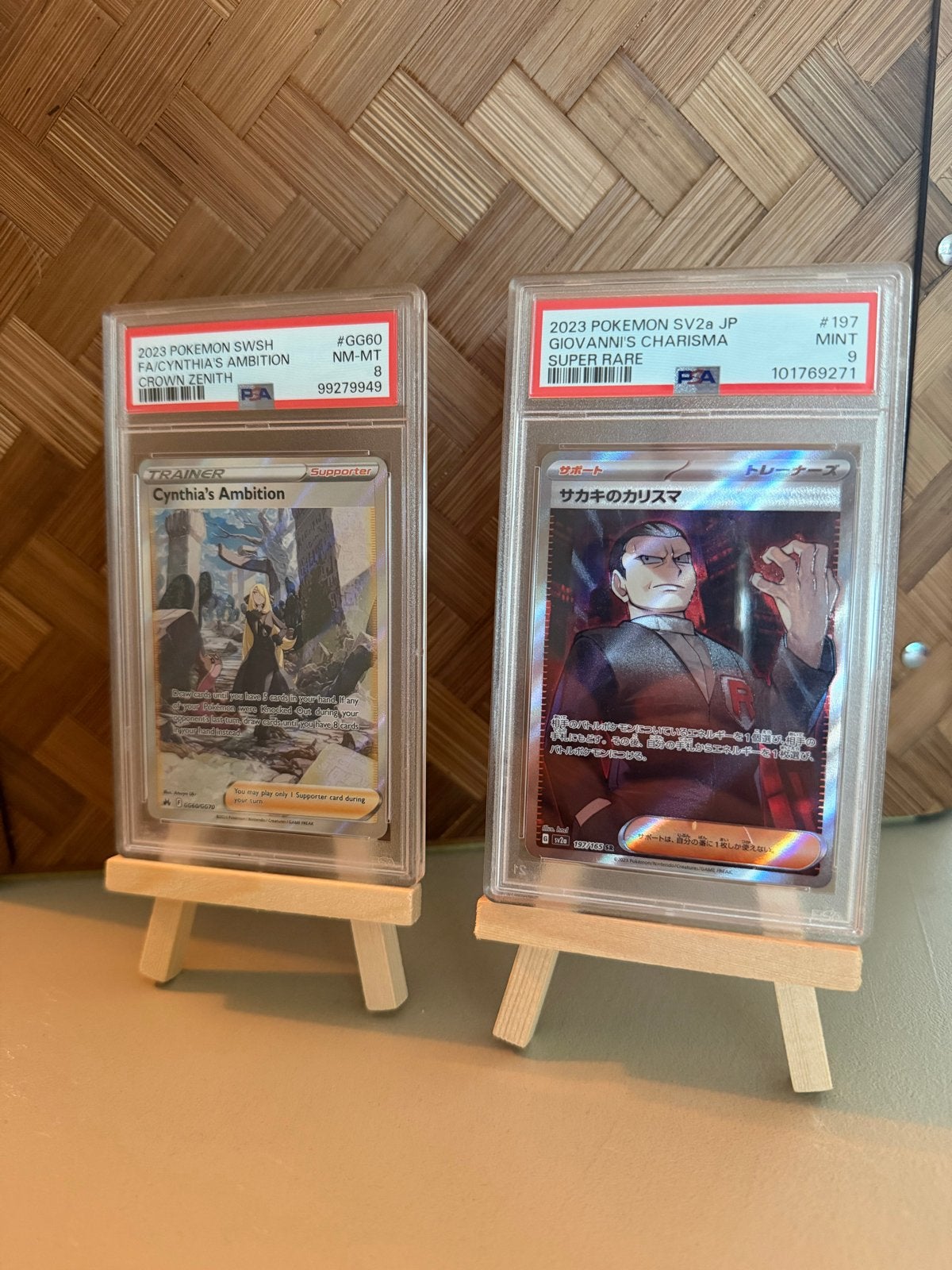 Pokémon kaarten: Cynthia’s Ambition PSA 8 & Giovanni Charism, Ophalen of Verzenden, Zo goed als nieuw, Meerdere kaarten